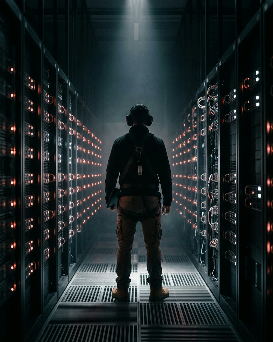A PrimePC technician standing in the cold aisle of a data centre